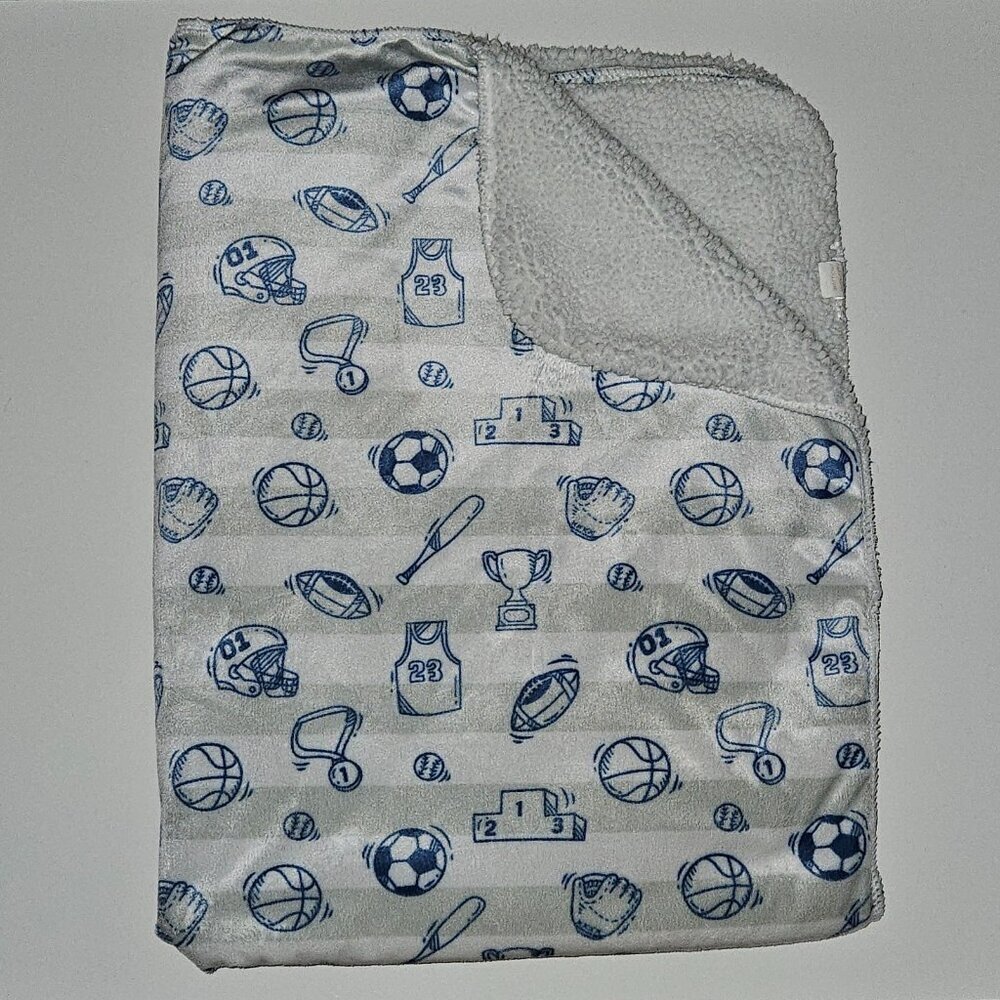 Sports Fleece Baby Blanket Blue Gray Stripe Trophy Jersey Football Baseball